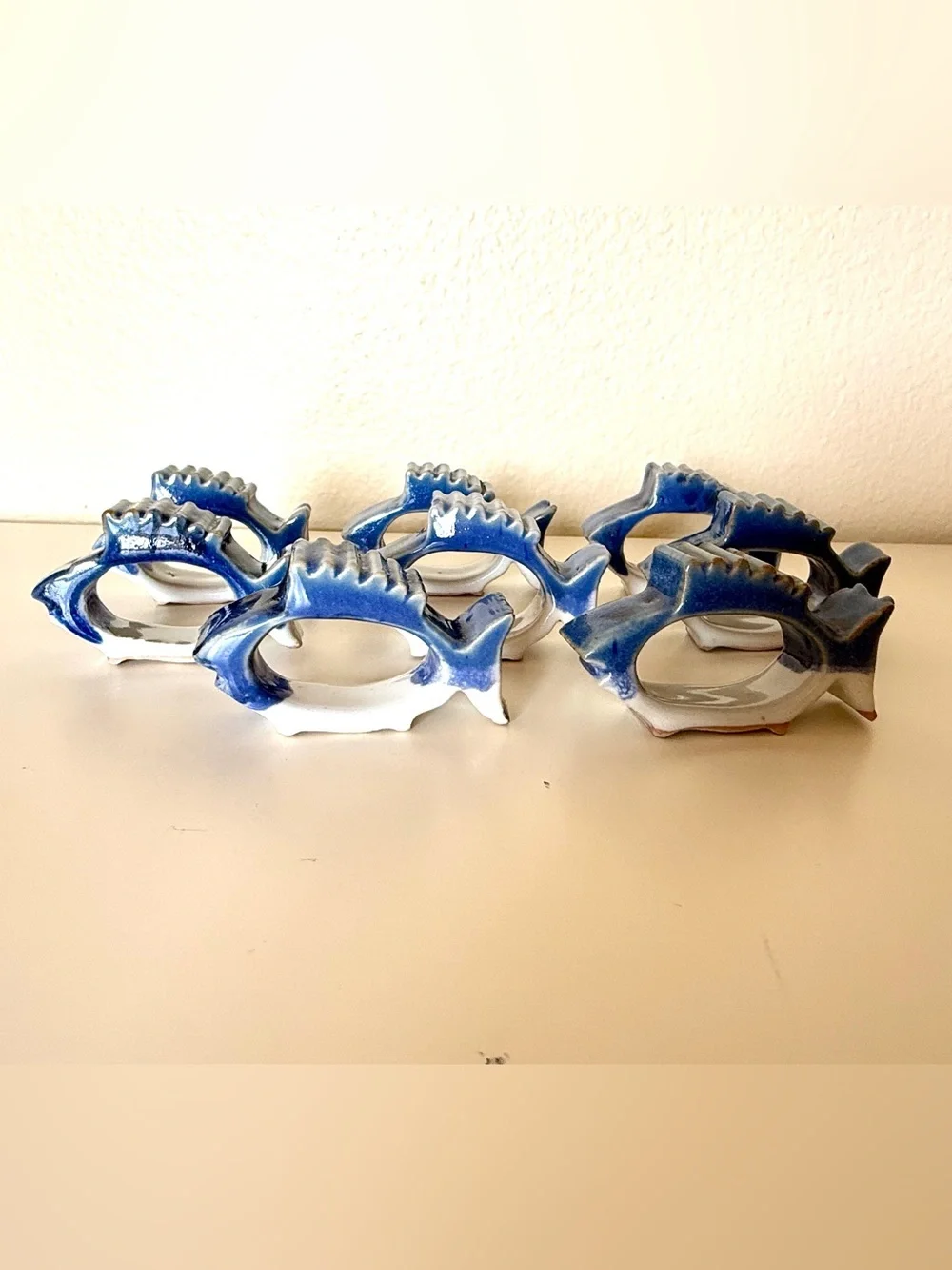 Vintage Blue White Ceramic Fish Napkin Rings Set of 8 Coastal Nautical Decor